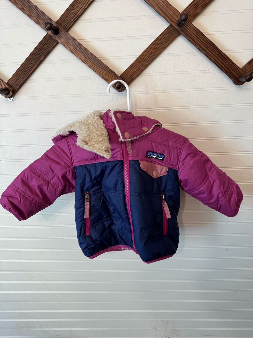Patagonia Kids Hooded Puffer Jacket in Pink and Navy